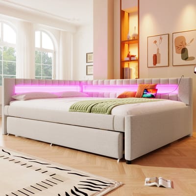 Wishdor Slaapbankbed - 140x200 cm - Met Extra Uitschuifbed, Ledverlichting En Oplaadpoorten - Ruime Slaapplek - Linnen - Beige