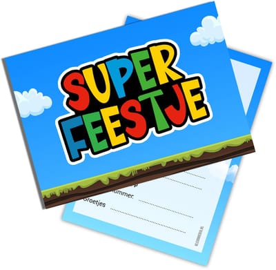 Uitnodiging kinderfeestje Super Feestje - 20 stuks - Beschrijfbaar - Uitnodigingskaarten - Uitnodiging verjaardag - uitnodiging verjaardag feest - Uitnodiging kinderfeestje Jongen of Meisje - Uitnodiging feestje - uitnodigingen