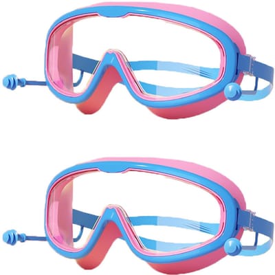 2-stuks Zwembril voor kinderen met groot frame - Waterdicht en condensvrij - HD-zwembril voor kinderen - Voor kinderen van 3 tot 16 jaar - Geïntegreerde oordopjes - Unisex - Geschikt om mee te zwemmen - Blauw, roze
