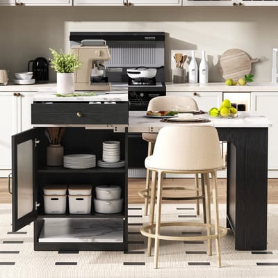 MODFU Uitklapbaar keukeneiland & bartafel met marmerlook blad, zwart hout, fluted glas en stopcontacten