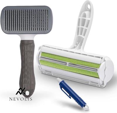 Nevolis Set van 3 kattenborstels hondenborstel XL pluisrol en tekentang in actieset voor kort en lang haar borstel met zelfreinigende functie dierenhaarverwijderaar automatische tekenverwijdering. .