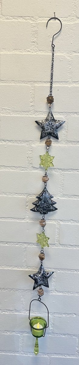 Deco theelichthouder "Kerst" met metalen ketting - Kerstster & Kerstboom - Zwart + groen - lengte 105 cm - exclusief theelicht - Woondecoratie - Theelichthouder - Feestversiering - Kerst