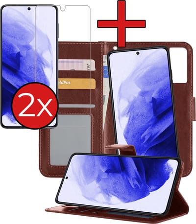 Hoesje - 2 in 1 - Geschikt voor Samsung Galaxy S21 Plus - Met 2x Screenprotector - En Uitneembare Hard Cover - Kunstleer - Bookcase - Wallet Case - Met Pasjeshouder - Book Case - Uitneembaar - Pashouder - Kunstleer - Telefoonhoes - Bruin
