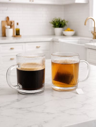 Mevaz Glazen Mokken Set van 6 – 350 ml – Geribbeld Glas met Oor – Transparante Koffie- en Theeglazen – Voor Latte, Cappuccino, Espresso & Warme Dranken