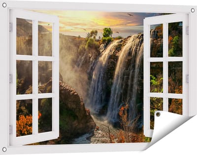 Gards Tuinposter Doorkijk Watervallen vanaf de Kliffen - 90x60 cm - Tuindoek - Tuindecoratie - Wanddecoratie buiten - Tuinschilderij