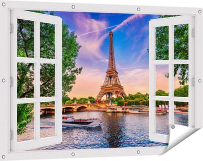 Gards Tuinposter Doorkijk Eiffeltoren in Parijs aan het Water - Kleur - 120x80 cm - Tuindoek - Tuindecoratie - Wanddecoratie buiten - Tuinschilderij