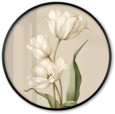 Poster in lijst Rond - Fotolijst 60x60 cm - Posters - Tulpen - Wit - Bladeren - Ronde posterlijst zwart - Decoratie - Wanddecoratie woonkamer - Muurdecoratie slaapkamer