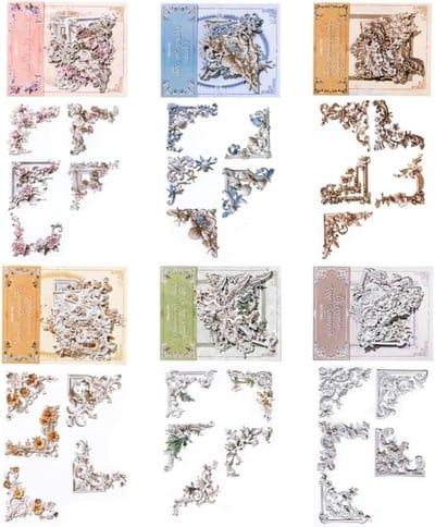 120 Stks Vintage Fotolijst Hoeken Decoratief Papier, Reliëf Karton Uitsparingen, Foto Rand Frames voor Scarpbooking Kaarten Maken Junk Journaling Collage Craft Versiering Album Decor Niet-Kleverig