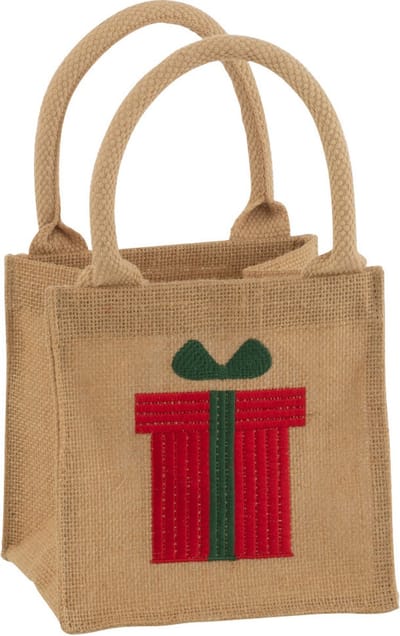 J-Line zak Borduurwerk Geschenk - jute - naturel/rood - 2 stuks