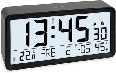 Grote digitale radiogestuurde wekker met zeer grote cijfers en tafelklok met 2 wektijden kalender weekdag, wandklok met temperatuur & vochtigheid in zwart