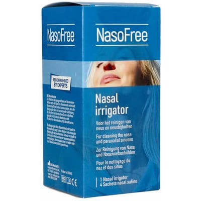 NasoFree Neusdouche - neusspoelen - losse neusspoeler - o.a. tegen verkoudheid - pollen door hooikoorts - met 4 zakjes NasoFree nasaal spoelzout - met Natriumchloride & Natriumbicarbonaat- neusspoeling met zoutoplossing