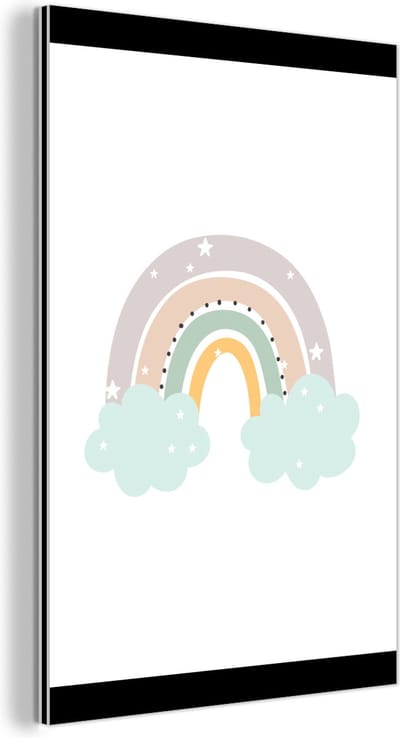 Wanddecoratie Metaal - Aluminium Schilderij Industrieel - Regenboog - Sterren - Stippen - Wolken - Kinderen - 30x40 cm - Dibond - Foto op aluminium - Industriële muurdecoratie - Voor de woonkamer/slaapkamer