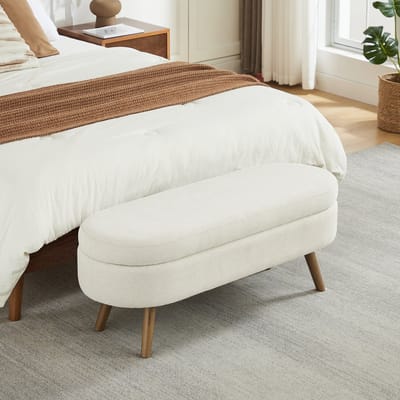 Wishdor - Gestoffeerde Opbergbank - Met Opbergruimte, Ventilatieopeningen En Antislip Voeten - Ovale Vorm En Modern Ontwerp - Voor Hal, Slaapkamer Of Woonkamer - MDF Met Chenillestof - Beige - 110 Cm Lang