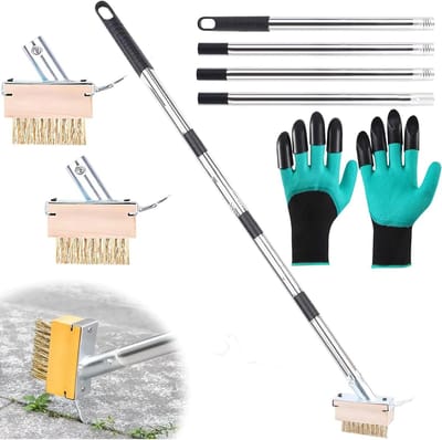 Efficiënte onkruidborstel met 160 cm roestvrijstalen handvat, 2 onkruidborstels en tuinhandschoenen voor moeiteloze mosverwijdering en tuinonderhoud