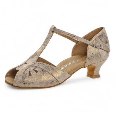 Open dames dansschoenen voor latin - Diamant 019 - 011 - 311 - Comfortabel - Brons Leer met print - 4.2 cm lage hak - Flexibele suede zool - Druksluiting - Latin, Ballroom, Tango - Diamant - Brons - 38.5