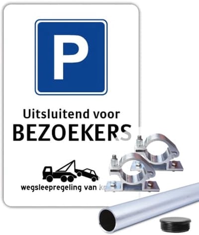 Bord uitsluitend voor Bezoekers - Weerbestendig Aluminium - 30x45 cm - Bevestiging: Met paal 150 cm + paalbeugels + paaldop