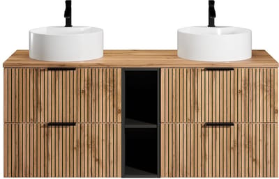 Vente-unique Geribbeld hangmeubel voor badkamer met nissen en dubbele ronde opbouwwastafel - Licht naturel - L140 cm - MADELA