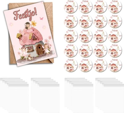 Traktatie Uitdeelset Elfjes - 6 Uitnodigingen - 20 Gepersonaliseerde Stickers & 20 Cellofaan Zakjes - Met Envelopppen