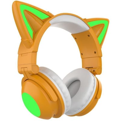 Oreille de chat pliable montée sur la tête, casque de jeu lumineux à LED, basses lourdes, écouteurs Bluetooth 5.0, véritable casque sans fil avec Microphone orange