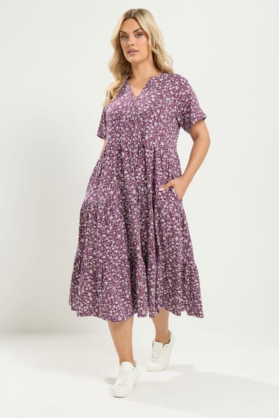 Yours Paarse Jurk Met Bloemenprint En Gelaagde Rok Size 42