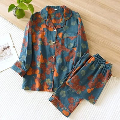 Japanse lente- en herfst nieuwe dames pyjamaset 100% katoen vintage lange mouwen broek tweedelige set voor woninginrichting XL gray