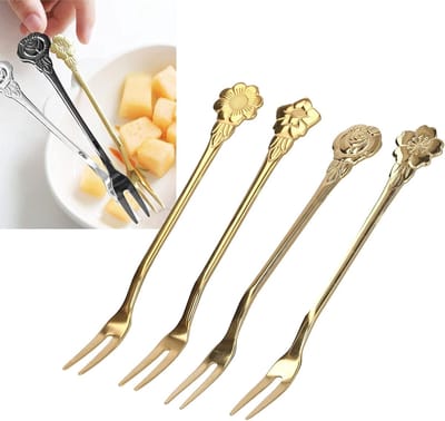 Set van 4 RVS Mini Fruitschalen Vorken, Perfect voor Salades, Cocktails en Hapjes, Gouden Afwerking voor Feestjes en Thuisgebruik