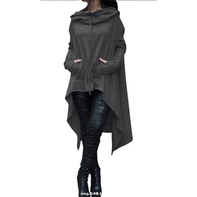 Damesmode Effen Kleur Trekkoord Jas Lange Mouw Losse Casual Poncho Jas Capuchon Pullover Lange Hoodies Sweatshirts 5XL donkergrijze kleur