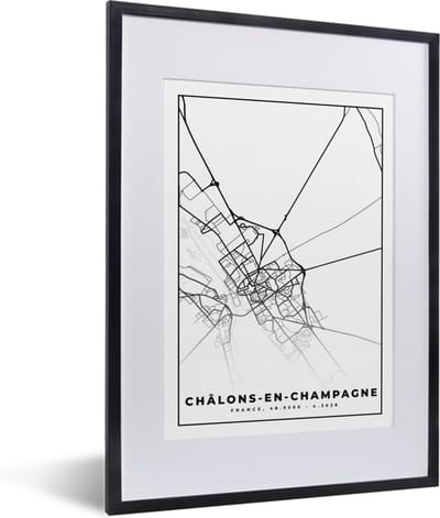Fotolijst incl. Poster Zwart Wit- Stadskaart – Châlons-en-Champagne - Plattegrond – Kaart – Frankrijk - Zwart wit - 30x40 cm - Posterlijst