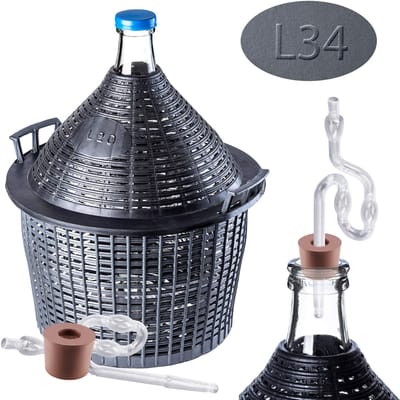 KADAX Glazen ballonset, 34 liter, fermentatieballon met kunststof mand en fermentatie-accessoires, rubberen stop, fermentatiebuisje, smalle opening, wijnballon, fles, glazen fles (kunststof