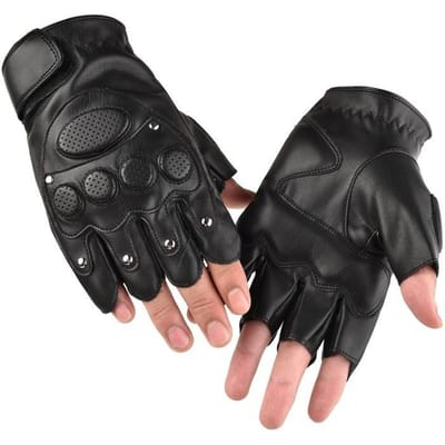 Heren en Dames Halve Vinger Atletisch Fitness Tactisch Vechten Beschermingskussen Handschoen Metalen Klinknagel Punk PU Leer Uitrusting Oefenhandschoen O20 19-23cm black