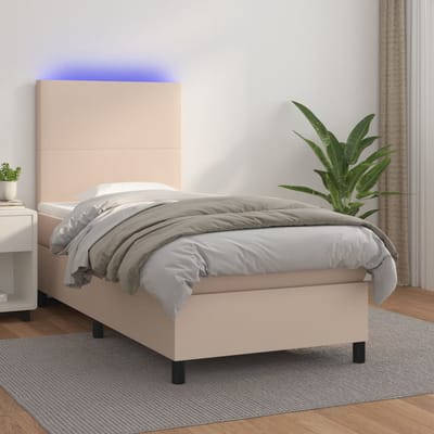 vidaXL - Boxspring - met - matras - en - LED - kunstleer - cappuccinokleur - 90x200 - cm