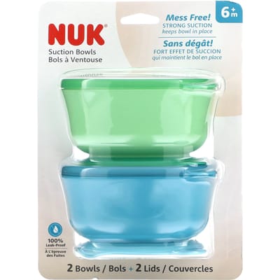NUK, bol à ventouse, 6 mois et plus, bleu et vert, 2 bols + 2 couvercles beige