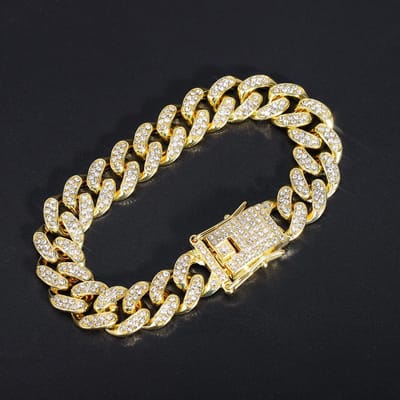 Nieuwe Hip Hop Glanzende Cubaanse Schakel Ketting Armband Dames Heren Gouden Kleur Strass Iced Out Ketting Armbanden Punk Polsband Sieraden Cadeau 8inch(20cm) beige