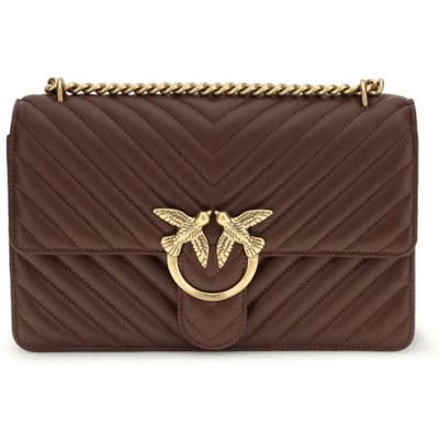 PINKO schoudertas Love One Classic DC Sheep Nappa Chevron Burgundy Wine - Antique Gold donkerbruin