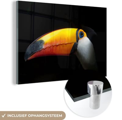 MuchoWow® Glasschilderij 120x80 cm - Schilderij acrylglas - Toekan - Vogel - Snavel - Foto op glas - Schilderijen