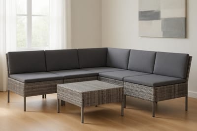 Luxe 6-Delige Modulaire Poly Rattan Loungeset met Kussens – Grijs – Complete Tuinbank Zitgroep voor Tuin, Terras & Balkon – Moderne Weerbestendige Buiten Lounge Set IndustroHome