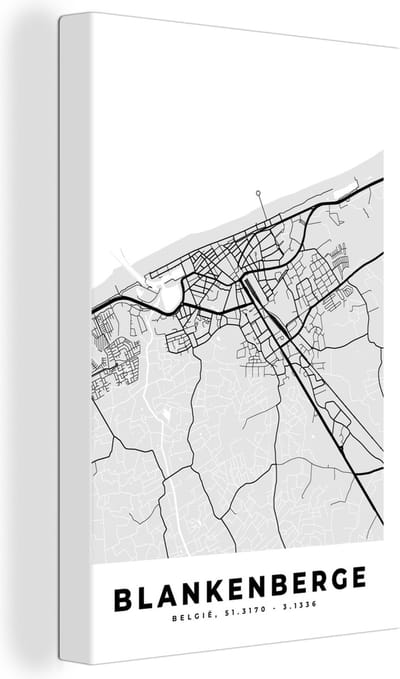 Canvas Schilderij Zwart Wit – België – Plattegrond – Stadskaart – Kaart – Blankenberge - 20x30 cm - Wanddecoratie