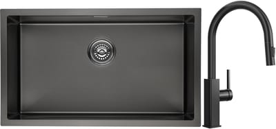 CECIPA max Spoelbak Antraciet 40x45CM - Met keukenkraan met uittrekbare uitloop - Spoelbak Keuken RVS - Onderbouw Spoelbak - Met Afvoersysteem