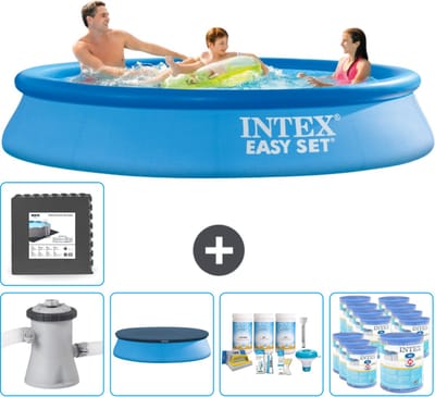 Intex Rond Opblaasbaar Easy Set Zwembad - 305 x 61 cm - Blauw - Inclusief Pomp Afdekzeil - Onderhoudspakket - Filters - Vloertegels