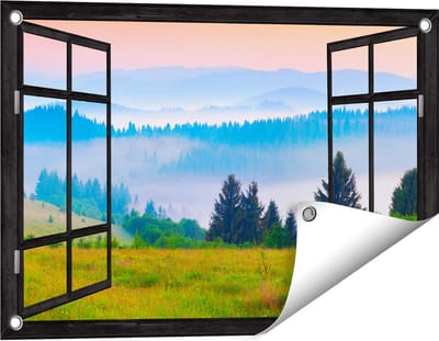 Gards Tuinposter Doorkijk Mistige Heuvel Landschap met Bossen - 60x40 cm - Tuindoek - Tuindecoratie - Wanddecoratie buiten - Tuinschilderij