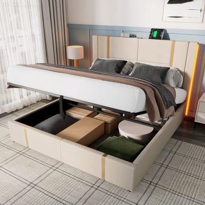 MODFU Bedframe 180x200 cm – Linnen met goudkleurige lijnen & RGB LED – Hydraulisch – Beige