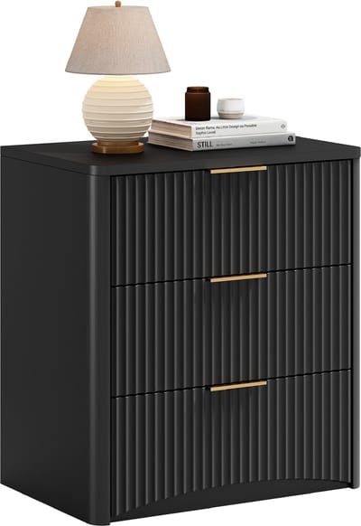 REDOM - Nachtkastje met 3 laden - Geribbeld front met afgeronde hoeken - Stille ladegeleiders met demping - Moderne stijl - Slaapkamer - MDF - Zwart - 58 x 38 x 64 cm