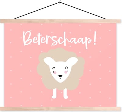 Posterhanger incl. Poster 120x90 cm - Schoolplaat - Beterschap - Quote - Roze - Schaap - Textielposter - Blanke latten