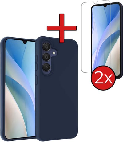 Hoesje - Met 2x Screenprotector - Geschikt voor Samsung Galaxy A15 - Sterk & Shockproof - Telefoon Hoes - Back Cover - Siliconen Case - Telefoonhoes - Donkerblauw