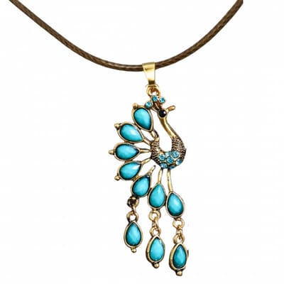 Ketting zwart Pauw turquoise goudkleur verstelbaar - Charme Bijoux