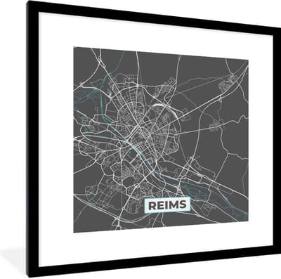 Fotolijst incl. Poster - Reims - Plattegrond - Kaart - Stadskaart - Frankrijk - 40x40 cm - Posterlijst