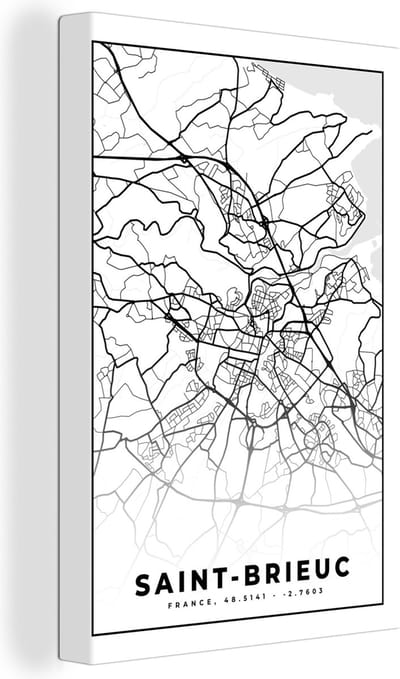 Canvas Schilderij Stadskaart – Frankrijk – Kaart – Saint-Brieuc - Plattegrond - Zwart wit - 20x30 cm - Wanddecoratie