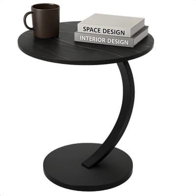 Lomera Bijzettafel Zwart - Rond Bijzettafel - Zwart Gemarmerd Blad - Mdf Hout Tafelblad - Metalen Frame - Sidetable Zwart - Compacte Bijzettafel - Moderne Bijzettafel - Woonkamer Tafel - Slaapkamer Tafeltje