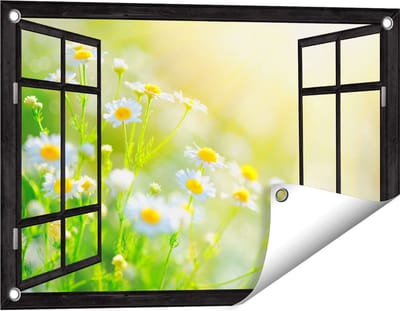 Gards Tuinposter Doorkijk Witte Kamille Bloemen met Zonneschijn - 60x40 cm - Tuindoek - Tuindecoratie - Wanddecoratie buiten - Tuinschilderij
