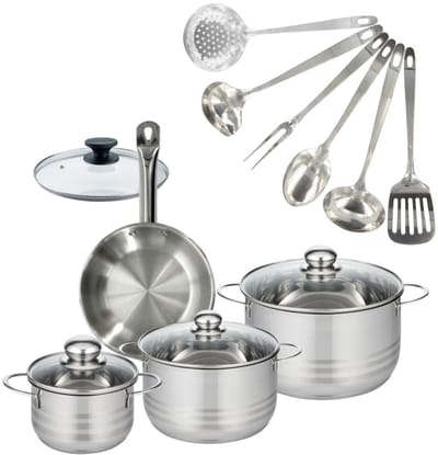 Set 1 pan 20 cm roestvrij staal en deksel, 3 roestvrijstalen kookpotten 16, 20 en 24 cm en 6 roestvrijstalen keukengerei Fackelmann Eterna